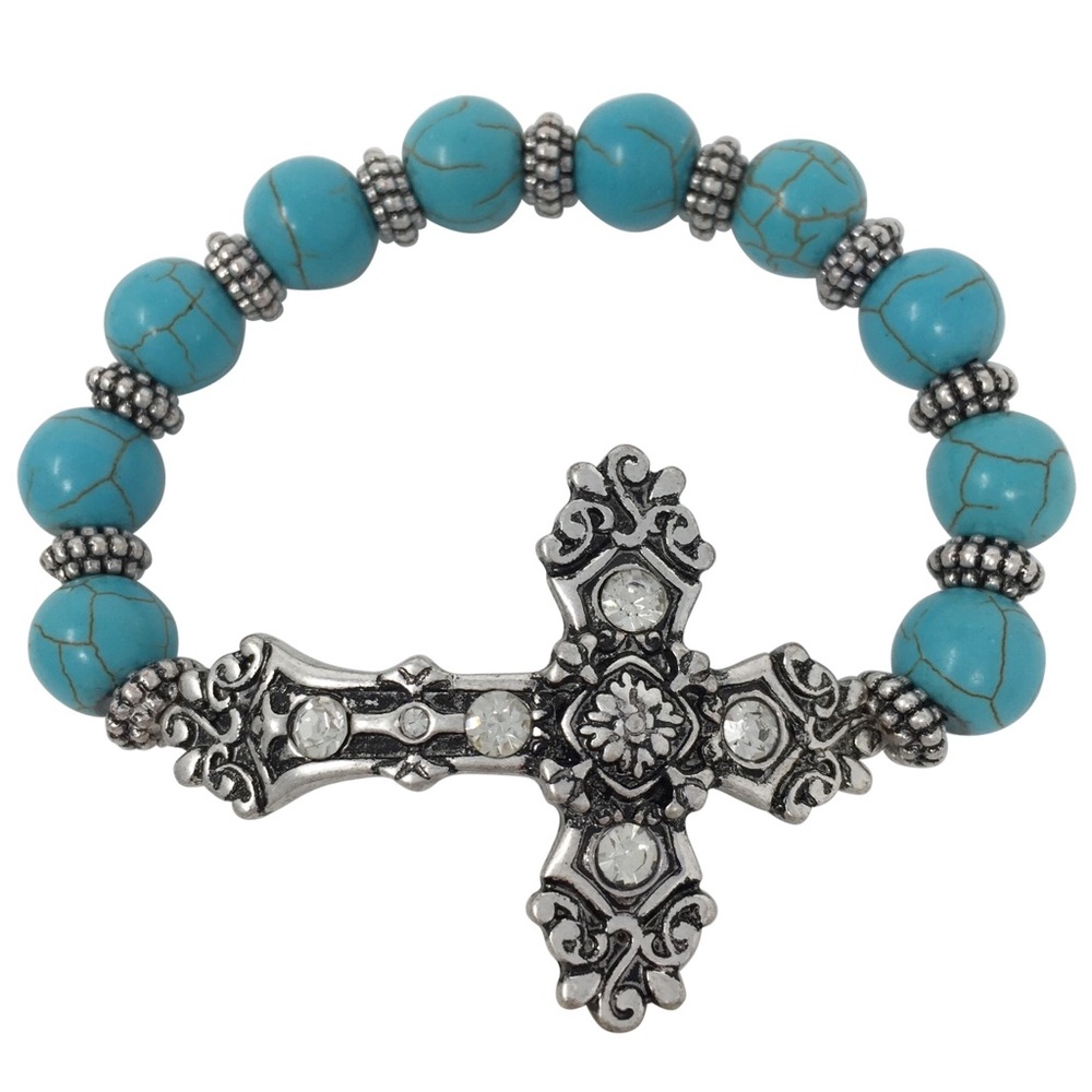 Sideways Cross Turquoise Beaded Christian Silver Tone Stretch Bracelet
